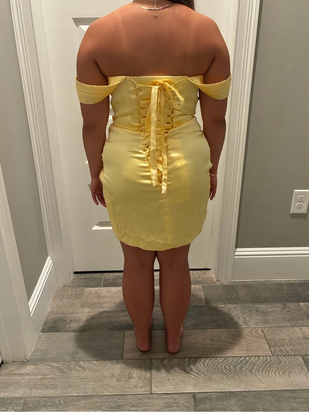 Yellow Satin Homecoming Dress - Pleated Bodice - Picture 3 of 3
